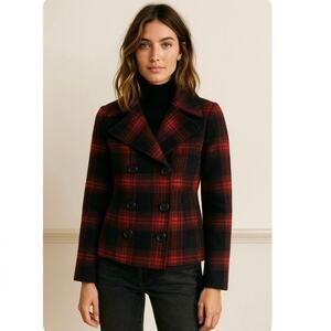 Old Navy Red Black Tartan Plaid Wool Blend Cropped Peacoat Classic Preppy M